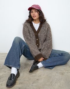 Brown and Cream Knit Oversized Tortoiseshell Button Cardigan | Ura – motelrocks.com Oversized Knitted Cardigan, Trouser Co Ord, Button Cardigan, Knitted Cardigan, Tailored Trousers, Fall 2024