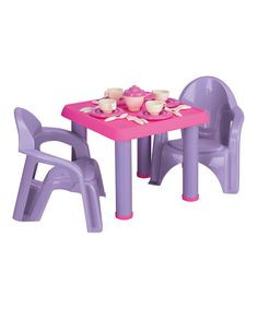 two plastic chairs and a table with cups on it