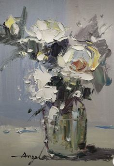 an oil painting of white flowers in a glass vase on a gray background with water droplets