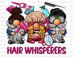 three cartoon characters with the words hair whisperers