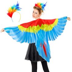 a woman wearing a colorful parrot costume and holding a red, yellow, blue, and green feathered shawl