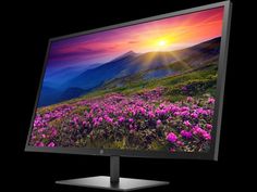 a computer monitor is shown with the sun setting in the background and flowers on the screen