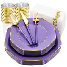 purple and gold dinnerware set with matching napkins