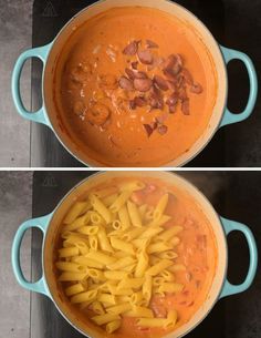 two pictures showing the process of making pasta with tomato sauce and bacon in a pot