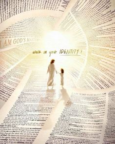 an image of two people holding hands in front of a large poster with words all over it