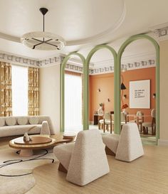 a living room filled with lots of furniture next to a window covered in drapes