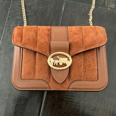 No Additional Discounts On Closet Close-Out Days Coach Quilted Suede Georgie Crossbody Purse In Redwood Bought In December 2021 - Never Used - Tag Is In Back Pocket 4 Interior Sections - One Zips Closed Plus 8 Card Slots Plus Back Pocket 7.5” Wide X 5” High X 2” Deep When Expanded Gold Chain Strap Is 51” Long In Total So Purse Will Hang Approximately 25”. Elegant Coach Shoulder Bag In Cognac, Cool Bags, Brown Leather Crossbody Purse, Vintage Leather Handbag, Tan Shoulder Bag, Coach Crossbody Purse, Hobo Crossbody Bag, Formal Pants, Black Crossbody Purse