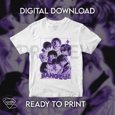 a t - shirt with an image of the band's members in purple on it