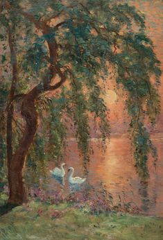 a painting of two swans swimming under a tree