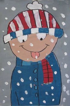 a painting of a boy wearing a hat and scarf in the snow with his tongue out