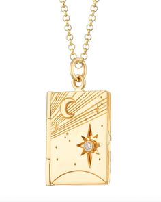 gold locket necklace with celestial scene Wellness Candles, Engraved Locket, Shine Your Light, 14k Gold Necklace, Locket Necklace, One Set, Hand Engraving, The Words, Necklace Gold