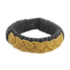 The golden color of sand is showcased in this men's wristband bracelet hand crafted by artisan Robert Aidoo-Taylor of Ghana. Recycled paper wrapped in nylon cord in alternating colors of black and grey forms the base of the bracelet. The front features a braid of golden yellow nylon cords. The bracelet is closed with a snap. Wristband Bracelet, Woven Bracelets, West Africa, Jewelry Packaging, Golden Color, Golden Yellow, Jewelry Gift Box, Recycled Paper, Ghana