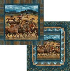 two quilts with horses running in the field