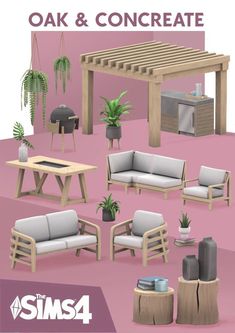 an outdoor furniture set is shown with the text oak and concrete