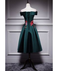 Get 10% off now! Buy dark green off shoulder tea length party dress with flowers at cheap price online. Free stable shipping and pro custom service since 2009. Green Tea Length Party Dress, Green Prom Dresses Short, Dark Green Prom Dresses, Green Prom Dresses, Delicate Gown, Short Bridesmaid Dress, Dress With Flowers, Green Prom, Shiny Dresses