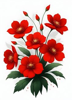 a bouquet of red flowers with green leaves on a white background in an artistic manner