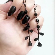 Gothic Vampire Witch Victorian Black Rose Flower Rosary Beads Long Dangle Earrin Alloy Metal Flower Rosary, Vampire Gothic, Cottagecore Earrings, Black Rose Flower, Black Earring, Gothic Vampire, Plastic Earrings, Gothic Earrings, Long Tassel Earrings