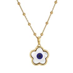 14k vermeil mother of pearl flower with navy center. Shown on our Florence Chain *Chain sold separately* 17mm Gold Mother Of Pearl Flower Pendant Jewelry, Gold Flower-shaped Mother Of Pearl Jewelry, Parker Thatch, Mignonne Gavigan, Navy Flowers, Evil Eye Charm, Gold Dipped, Chain Gold, Pearl Flower