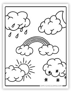 a coloring page with clouds and rain