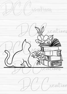 a cat sitting next to books and flowers