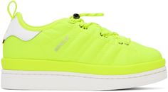 Low-top ripstop sneakers in yellow. Grained leather trim throughout. · Bungee-style drawstring closure · Logo patch at padded tongue · Padded collar · Pull-loop at heel collar · Signature stripes embossed at sides · Logo hardware at outer side · Logo embossed at heel tab · Tricolor flag at heel counter · Grained leather lining · Foam rubber platform midsole · Treaded rubber sole · Platform: H2 in Part of the Moncler x adidas Originals collection. Supplier color: Neon Yellow Sneakers With Elastic Laces For Streetwear, Casual Adidas Nylon Sneakers, Reflective Nylon Lace-up Sneakers, Urban Nylon Sneakers With Reflective Details, Adidas Nylon Sneakers For Streetwear, Sporty Yellow Nylon Sneakers, Sporty Adidas Logo Sneakers In Nylon, Sporty Adidas Nylon Sneakers, Yellow Nylon Lace-up Sneakers