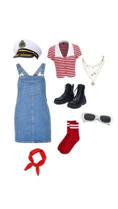 an assortment of clothing and accessories including shoes, sunglasses, hat, eyeglasses