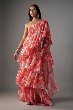 Shop for these amazing collections of Pink Viscose Print Blossom Pre-draped Ruffle Tiered Saree With Blouse For Women by Vana Ethnics online at Aza Fashions. Ruffle Saree, Drape Saree, Blossom Print, Blouse For Women, Saree With Blouse, Printed Sarees, College Outfits, Aza Fashion, Silk Sarees