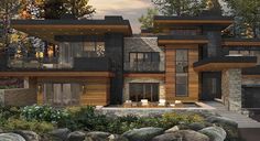 this is an artist's rendering of a modern house in the woods with stone and wood accents