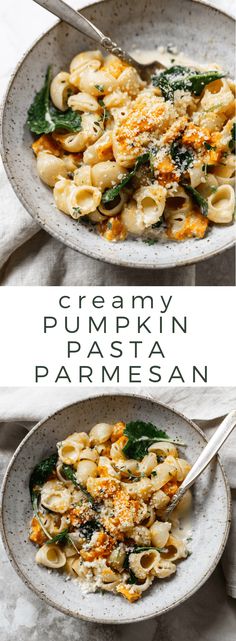 two bowls filled with pasta and spinach on top of a white table next to each other