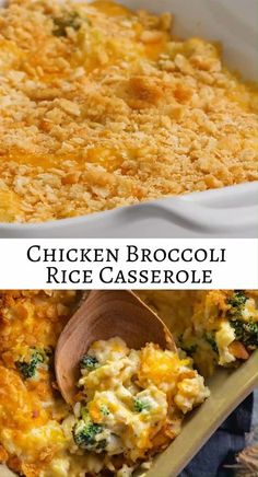 chicken broccoli rice casserole in a white dish