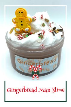 gingerbread man slime in a tub with candy canes and candies on top