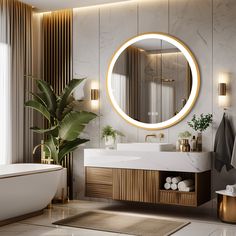 a bathroom with a large round mirror above the sink and a bathtub next to it