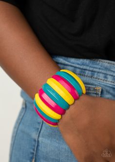 Painted in blue, yellow, and Pink Peacock finishes, beveled wooden frames are threaded along stretchy bands around the wrist for a summery look

 Sold as one individual bracelet. Multi Bracelet, Pink Peacock, Wooden Bracelet, Wood Bracelet, Crystal Bangle, Sunny Yellow, Yellow And Pink, Bracelet Online, Paparazzi Accessories