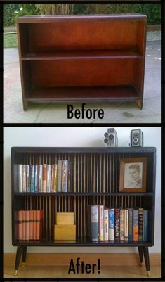 before and after photo of a bookcase with books on it, the bottom shelf has been painted black