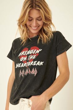 Def Leppard Heartbreak Vintage Graphic Tee - ShopPromesa Heart Graphic Tee, Grunge Crew Neck Top With Heart Graphic, Grunge Cotton T-shirt With Heart Graphic, Grunge Short Sleeve Top With Heart Graphic, Band Merch Crew Neck Top With Heart Graphic, Black Band Merch Top With Heart Graphic, Band Merch Cotton Top With Heart Graphic, Cotton Band Merch Top With Heart Graphic, Def Leppard Logo