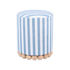 Beatrice Striped Ottoman - Blue - SHIPS 8/8 - Holistic Habitat Linen Ottoman, Tropical Aesthetic, Upholstered Stool, Round Ottoman, Linen Style, Ottoman Bench, Fresh Design, Living Room Seating, Rug Pillow