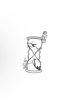 a drawing of an hourglass with flowers and leaves coming out of the clock face