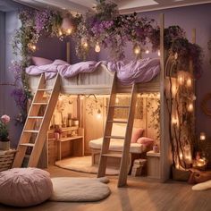 a room with bunk beds and plants on the walls, lights strung from the ceiling