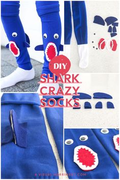 I had to come up with some quick, no-sew crazy socks for school at the drop of a hat! My son loves sharks so armed with my hot glue gun I set to work and got these done in no time. Read more on the blog and get the same template I used to create these silly socks. I whipped these up the day before | A Visual Merriment | Glue small fins to side of socks | Shark fins, sharp teeth and googly eyes - quick DIY silly sock costume idea #crazy #socks #diy #avisualmerriment Scary Cute, Shark Mouth, Sock Crafts, Quick Diy, Sharp Teeth, Cute Diy