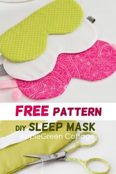 three pieces of fabric and scissors with text overlay that says free pattern diy sleep mask