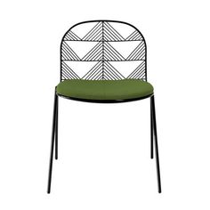 a black metal chair with a green cushion on the seat and backrest, against a white background