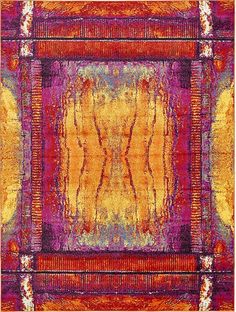 an orange, purple and yellow area rug with abstract designs on the bottom half of it