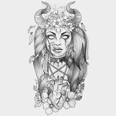 a drawing of a woman with horns and flowers on her head