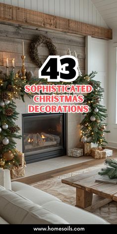 a living room decorated for christmas with candles and garlands on the fireplace mantel