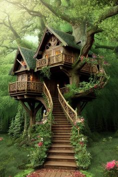 a tree house with stairs leading up to it's roof and flowers on the ground