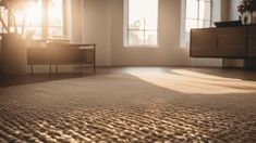 the sun shines through two windows in an empty room with a rug on the floor