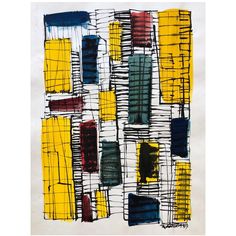 an abstract painting with yellow and blue squares