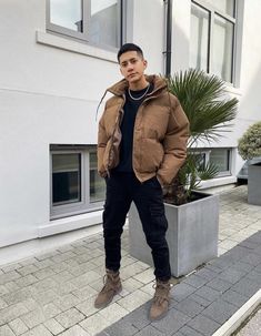 Puff Jacket Men, Brown Puffer Jacket Outfit Men, Beige Puffer Jacket Outfit, Bubble Jacket Outfit, Brown Puffer Jacket Outfit, Vest Men Outfit, Puffer Jacket Outfits, Boys Puffer Jacket