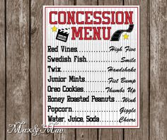 a sign that says concession menu on the side of a wooden wall with wood planks