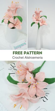 crochet flowers in a white vase with green leaves and text overlay that says free pattern